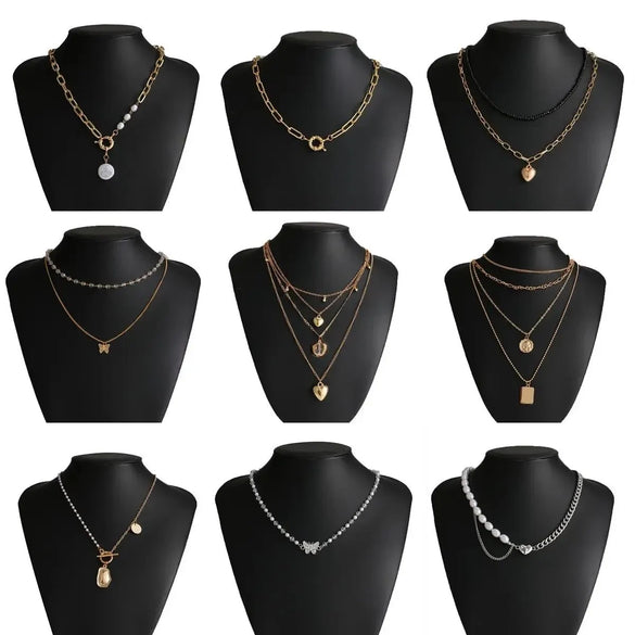 Retro Multi Layer Butterfly Geometric Pearl Diamond Necklace Set For Women Made Of Crystal And Alloy