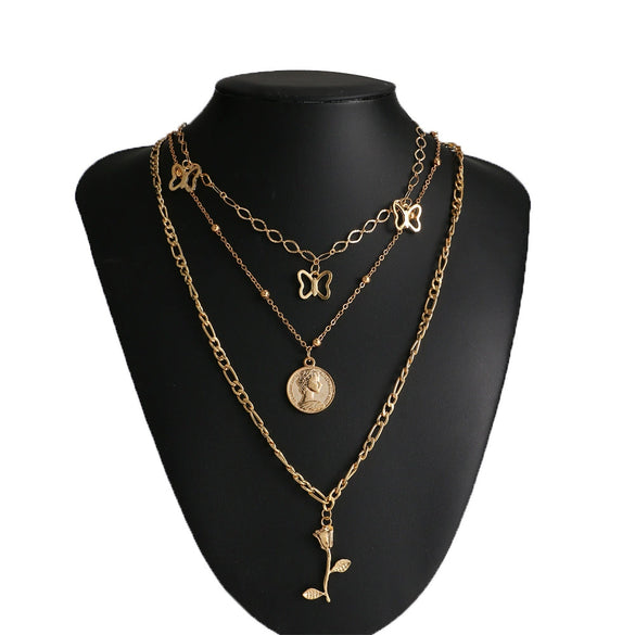 Retro Multi Layer Butterfly Geometric Pearl Diamond Necklace Set For Women Made Of Crystal And Alloy