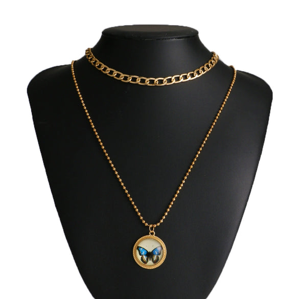 Retro Multi Layer Butterfly Geometric Pearl Diamond Necklace Set For Women Made Of Crystal And Alloy