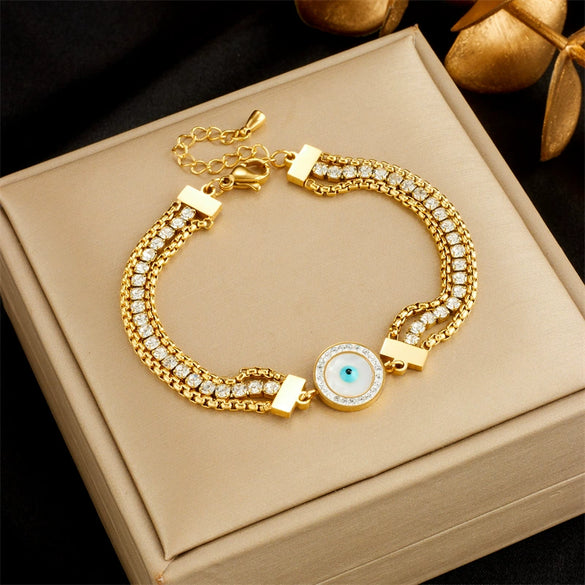 Retro Multi Layer Rhinestone Chain Butterfly Life Tree Eye Bracelet Made Of Titanium Steel With Diamond Inlay For Women