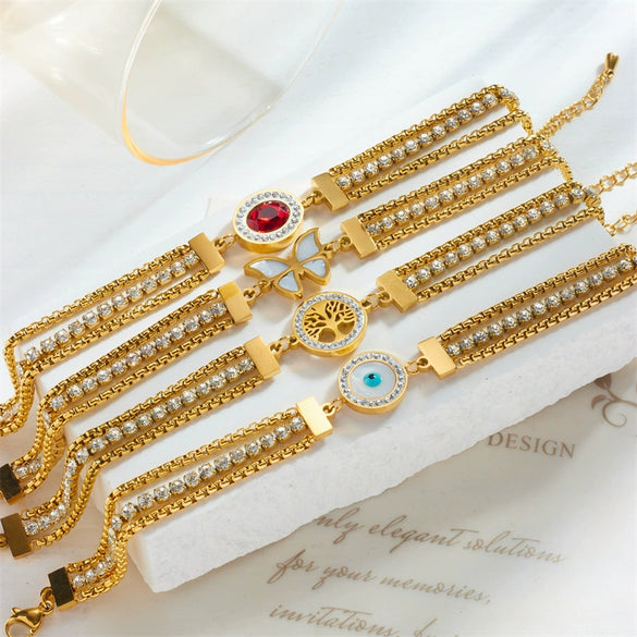 Retro Multi Layer Rhinestone Chain Butterfly Life Tree Eye Bracelet Made Of Titanium Steel With Diamond Inlay For Women