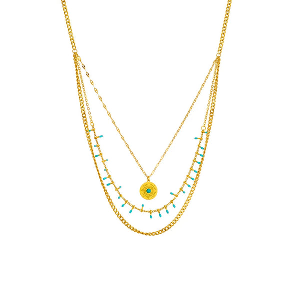 Retro Multi Layer Stacked Round Pendant Metal Jewelry Titanium Steel Necklace With Electroplating For Women
