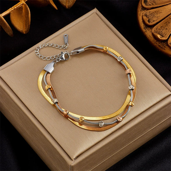Retro Multi Layer Stacked Titanium Steel Contrast Color Chain Geometric Punk Heavy Industry Hip Hop Unisex Bracelet With Electroplating