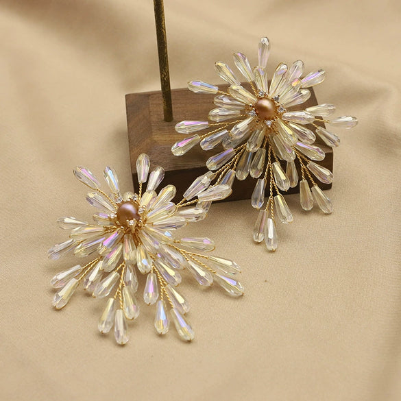 Retro Natural Pearl And Crystal Geometric Branch Earrings With Electroplated Finish For Women