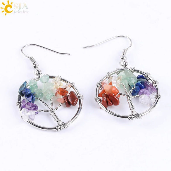 Retro Natural Stone Gravel Tree Of Life Winding Copper Earrings For Women Colorful Half Stone Jewelry
