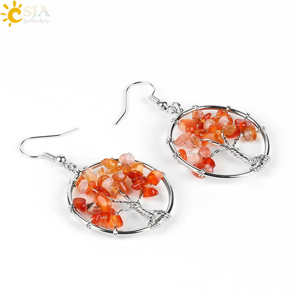 Retro Natural Stone Gravel Tree Of Life Winding Copper Earrings For Women Colorful Half Stone Jewelry