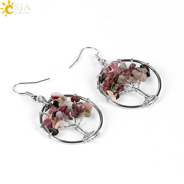 Retro Natural Stone Gravel Tree Of Life Winding Copper Earrings For Women Colorful Half Stone Jewelry
