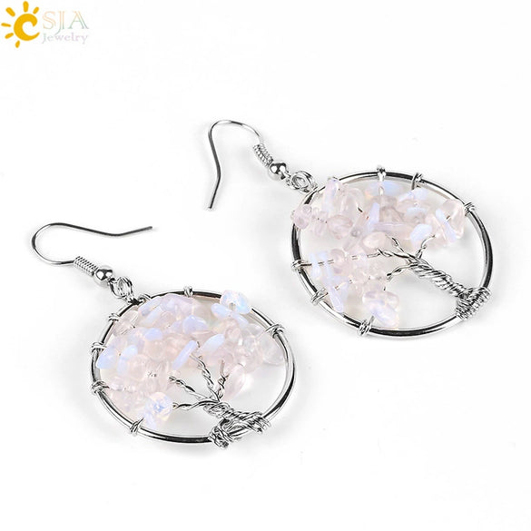 Retro Natural Stone Gravel Tree Of Life Winding Copper Earrings For Women Colorful Half Stone Jewelry