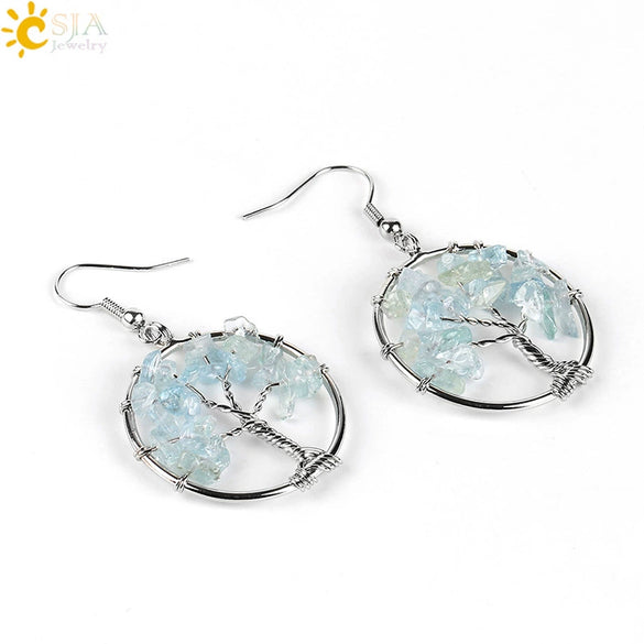 Retro Natural Stone Gravel Tree Of Life Winding Copper Earrings For Women Colorful Half Stone Jewelry