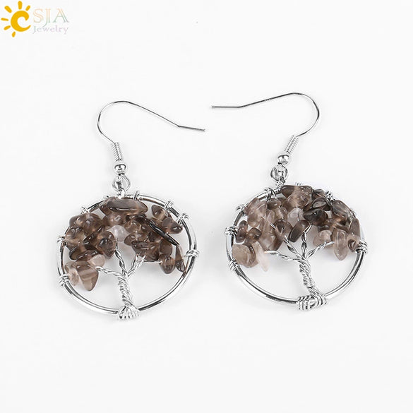 Retro Natural Stone Gravel Tree Of Life Winding Copper Earrings For Women Colorful Half Stone Jewelry