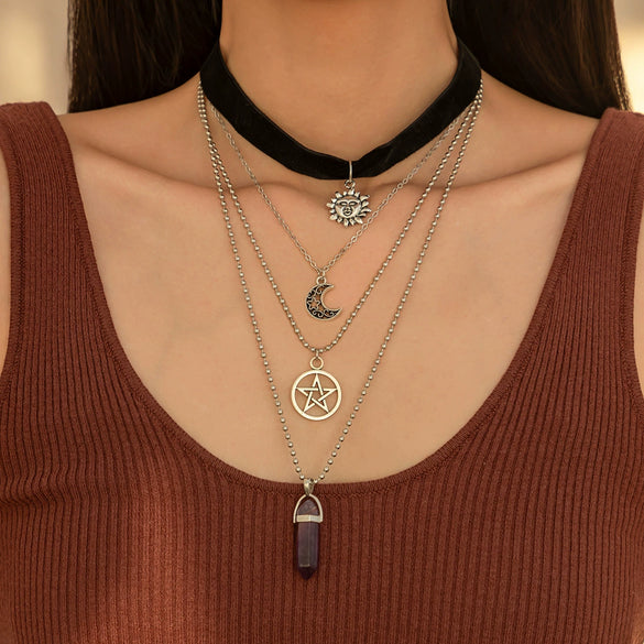 Retro Necklace Alloy Pendant With Blue Eyes Irregular Stone And Star Moon Geometric Heart Shape Electroplated Cross Chain For Women