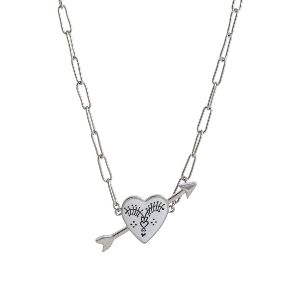 Retro Necklace Copper Heart Shape One Arrow Through The Heart Pattern Paper Clip Chain Electroplating