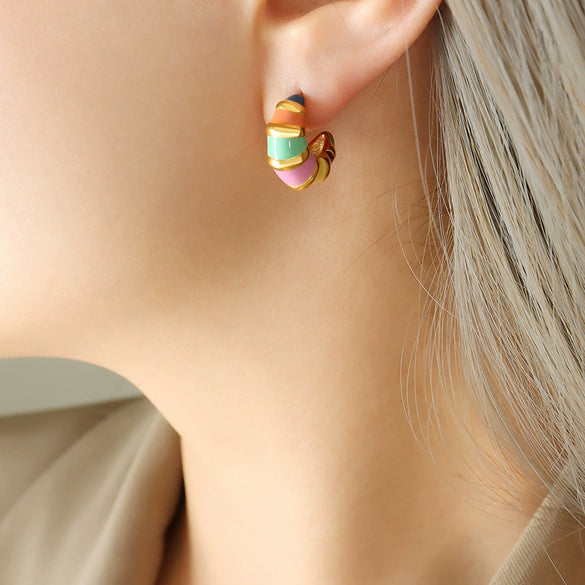 Retro Neutral Wind Cool Color Striped Enamel Oil Drop Titanium Steel Geometric Earrings With Electroplating