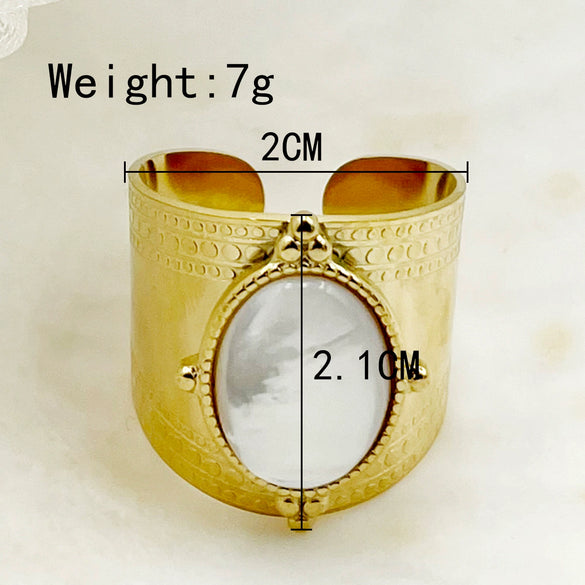 Retro Niche Open Design Oval Fritillaria Stainless Steel Electroplated Embossed Ring