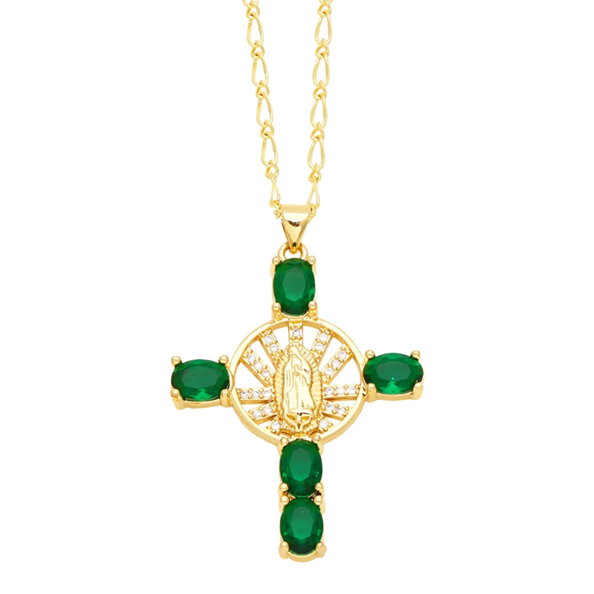 Retro Novelty Cross Virgin Mary Copper Plating Inlay Zircon 18k Gold Plated Pendant Necklace