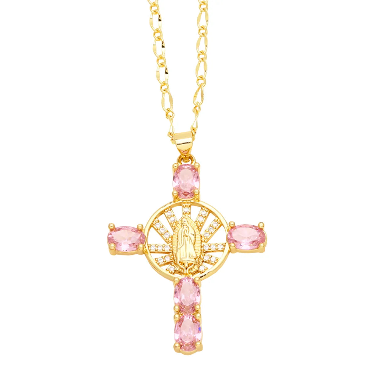 Retro Novelty Cross Virgin Mary Copper Plating Inlay Zircon 18k Gold Plated Pendant Necklace