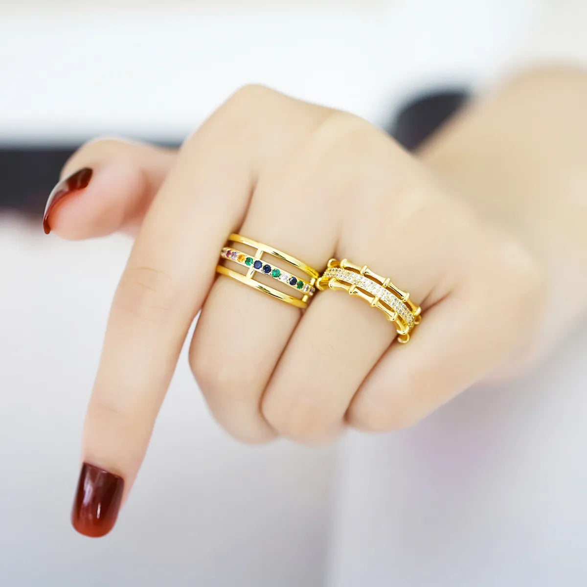 Retro Novelty Round Colorful Copper Plating Inlay Zircon 18k Gold Plated Open Rings