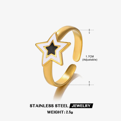 304 Stainless Steel 18K Gold Plated Retro Novelty Enamel Round Star Heart Shape Resin Rings