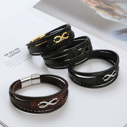 Retro Number Leather Titanium Steel Braid Men'S Bangle