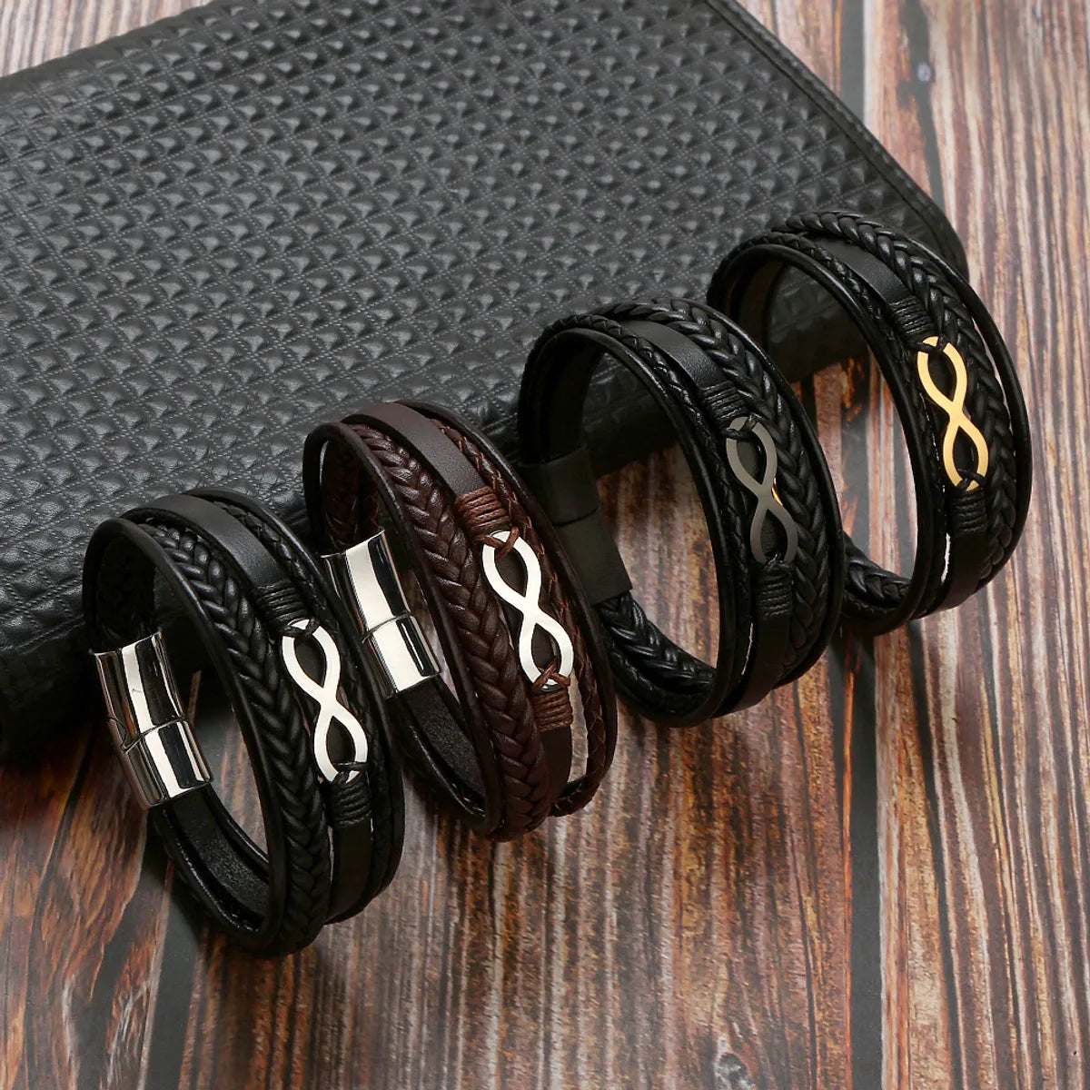 Retro Number Leather Titanium Steel Braid Men'S Bangle