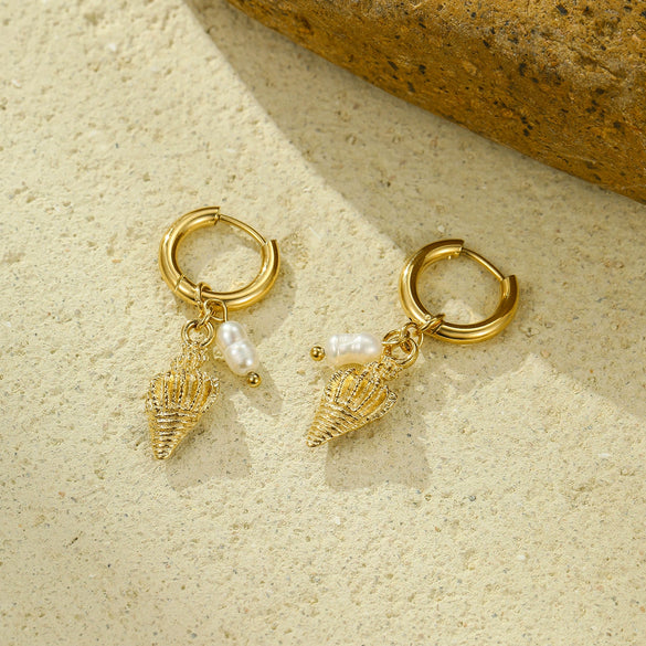 Retro Ocean Style Stainless Steel Earrings With Pearl Conch Pendant And Electroplating Treatment For Women