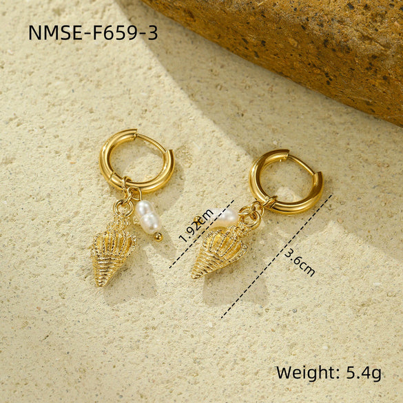 Retro Ocean Style Stainless Steel Earrings With Pearl Conch Pendant And Electroplating Treatment For Women