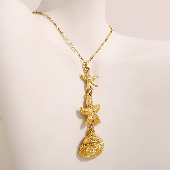 Retro Ocean Style Stainless Steel Plated Necklace Pendant With Personality Tassel And Geometric Scallop Electroplated For Women