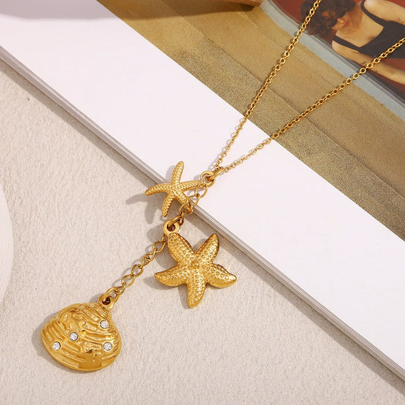 Retro Ocean Style Stainless Steel Plated Necklace Pendant With Personality Tassel And Geometric Scallop Electroplated For Women