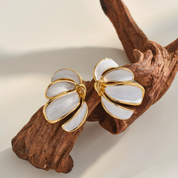 Retro Oil Drip Flower Geometric Stainless Steel Earrings With Gold Plated Finish For Women