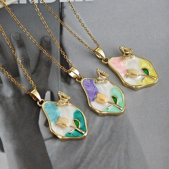 Retro Oil Painting Style Flower Butterfly Titanium Steel Necklace With Electroplating For Women