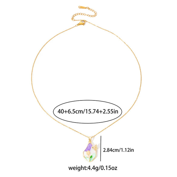 Retro Oil Painting Style Flower Butterfly Titanium Steel Necklace With Electroplating For Women