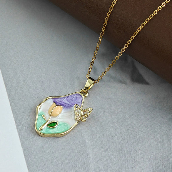 Retro Oil Painting Style Flower Butterfly Titanium Steel Necklace With Electroplating For Women