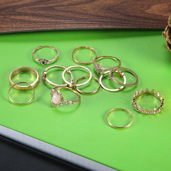 Retro Opal Crown Diamond Explosion Star Moon Joint Ring Jewelry Alloy Geometric Electroplated For Women