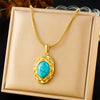 Retro Oval Blue Turquoise Geometric Pendant Snake Bone Chain Stainless Steel Gold Plated Necklace For Women