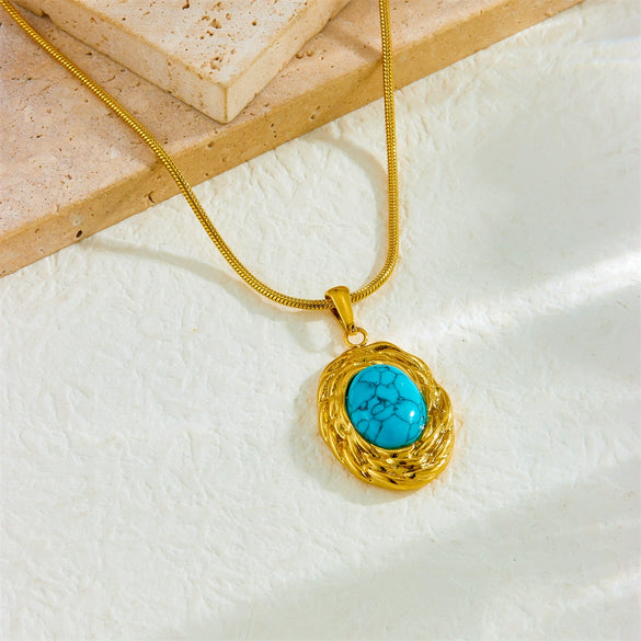 Retro Oval Blue Turquoise Geometric Pendant Snake Bone Chain Stainless Steel Gold Plated Necklace For Women