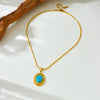 Retro Oval Blue Turquoise Geometric Pendant Snake Bone Chain Stainless Steel Gold Plated Necklace For Women