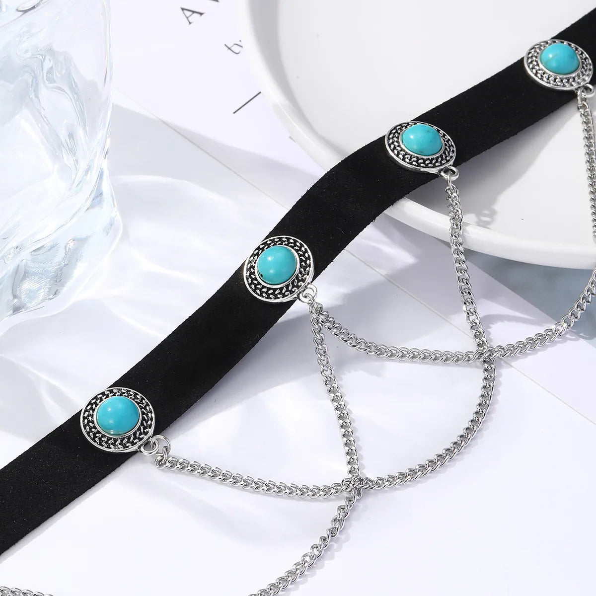 Retro Oval Flower Pu Leather Zinc Alloy Inlay Turquoise Women's Choker