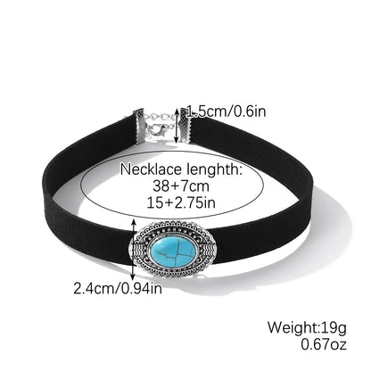 Retro Oval Flower Pu Leather Zinc Alloy Inlay Turquoise Women's Choker