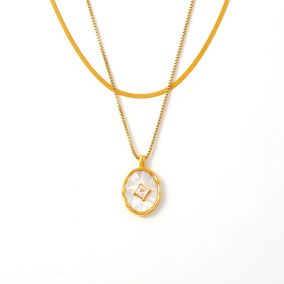 Retro Oval Fritillaria Set Zircon Titanium Steel Pendant And Clavicle Chain Plated With 18K True Gold In Geometric Pattern For Women