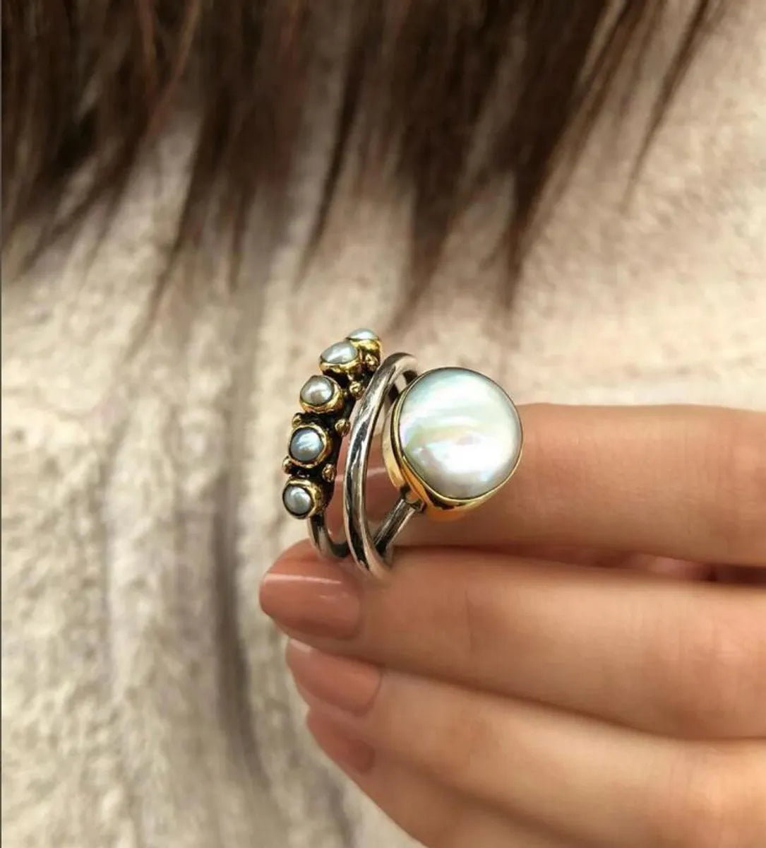 Retro Oval Imitation Pearl Alloy Women'S Open Ring