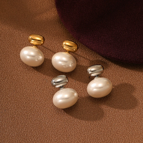 Retro Oval Pearl Stainless Steel Earrings For Women With 18K Electroplating