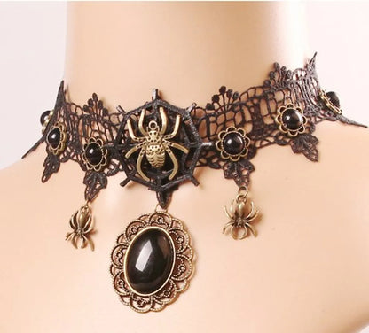 Retro Oval Spider Pu Leather Alloy Lace Inlay Artificial Gemstones Halloween Women'S Choker