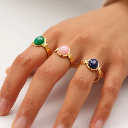 304 Stainless Steel Natural Stone 18K Gold Plated Retro Plating Inlay Oval Natural Stone Open Rings