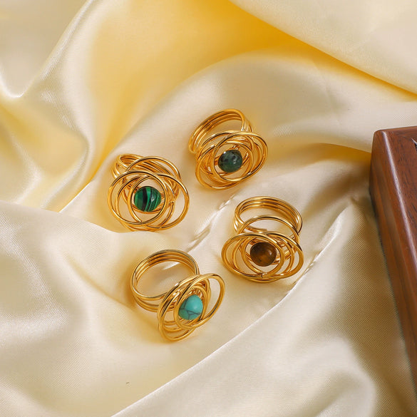 Retro Palace Style Niche Inlaid Natural Tiger's Eye Stone Hollow Unique Geometric Stainless Steel Ring With 18K Furnace Vacuum Plating