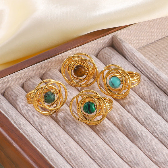 Retro Palace Style Niche Inlaid Natural Tiger's Eye Stone Hollow Unique Geometric Stainless Steel Ring With 18K Furnace Vacuum Plating