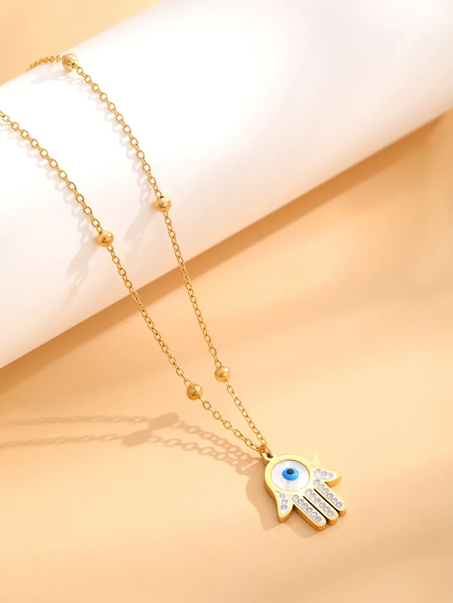 Retro Palm Eye Butterfly Titanium Steel Plating Inlay Shell Zircon Gold Plated Pendant Necklace