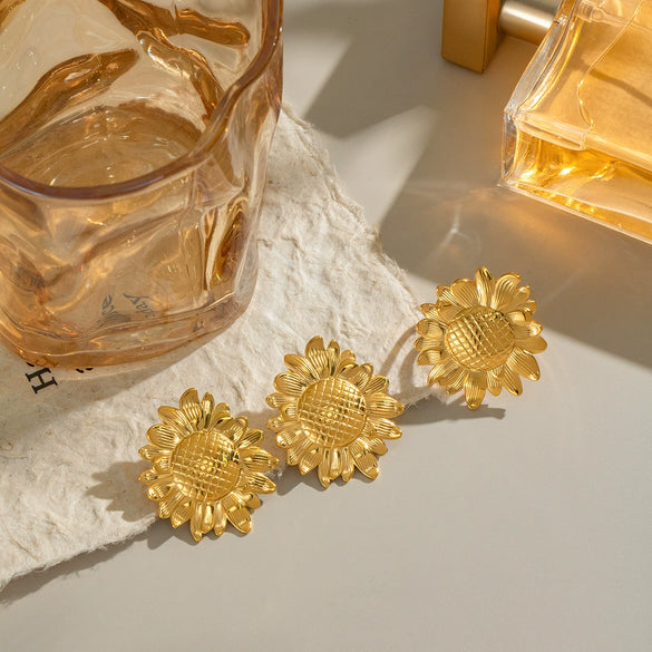 Retro Pastoral Small Fresh Sunflower Geometric Stainless Steel Earrings For Summer Girls With Electroplating