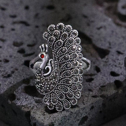 Antique Silver Retro Peacock Inlay Zircon Rings