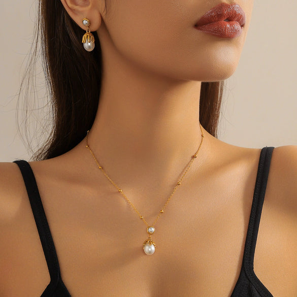 Retro Pearl Flower Geometric Irregular Women's Jewelry Set With Snake Bone Chain Stainless Steel Electroplated