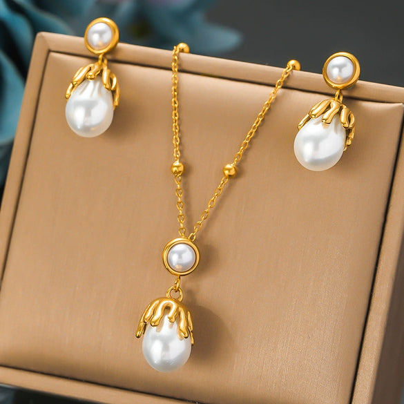 Retro Pearl Flower Geometric Irregular Women's Jewelry Set With Snake Bone Chain Stainless Steel Electroplated